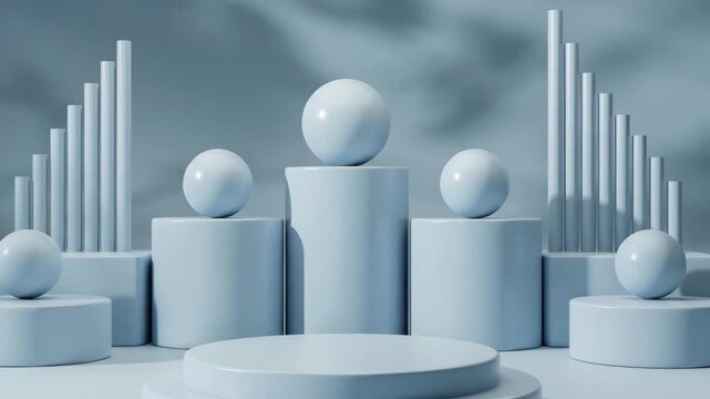 Minimalist Abstract Geometric Podium Display with Spheres and Bars.