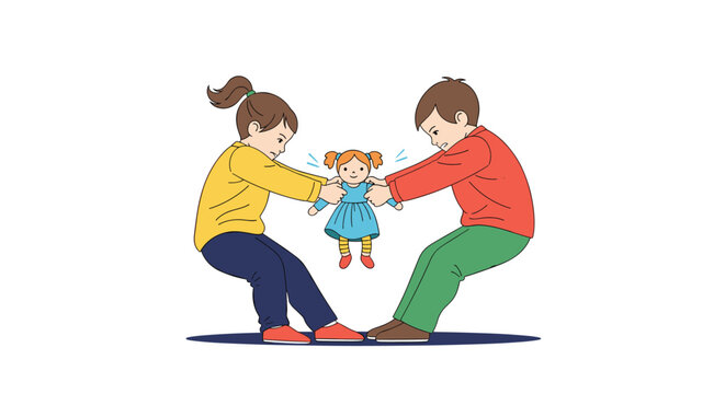 Boy and girl engaged in a conflict while pulling a rag doll in opposite directions illustrating sibling rivalry or social disagreement.