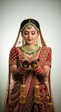 Beautiful Indian Bride in Traditional Red and Gold Wedding Attire.