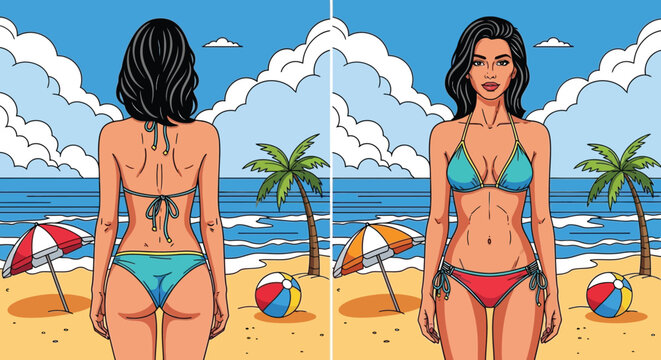 Woman in bikini on beach front and back view summer vacation concept with beach umbrella and ball vector illustration