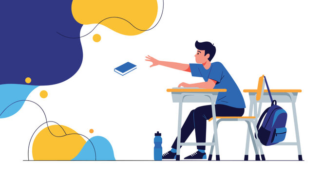 Frustrated student sitting at a desk and throwing a blue book into the air against a colorful abstract background in a classroom.