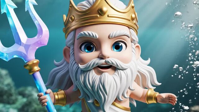 Cute chibi King Poseidon holding glowing trident underwater
