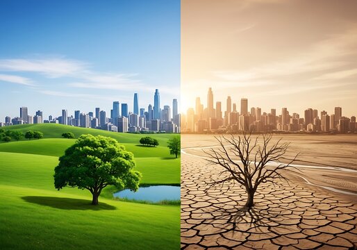 Conceptual split view of a lush green landscape versus a parched desert city