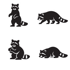 Four raccoon silhouette icons showing upright walking sitting and crouching sniffing poses in simple black design © Abdul Waheed