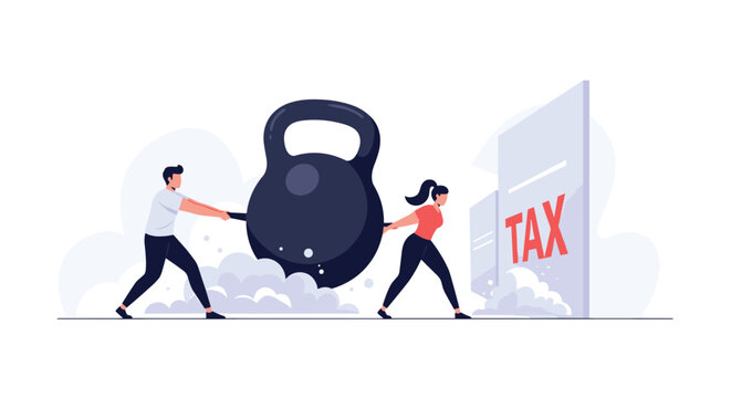 Couple working together to pull a massive kettlebell weight towards a giant document labeled tax representing financial burden.