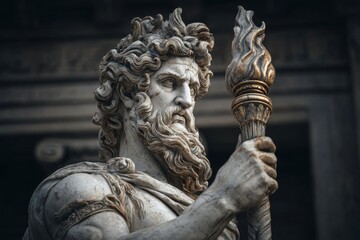 Naklejka premium Dark Toned Ancient Greek Statue with Torch Dramatic Artistic Lighting