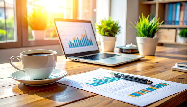 Kaffeetasse neben Finanzberichten und Laptop mit Diagrammen auf sonnigem Schreibtisch