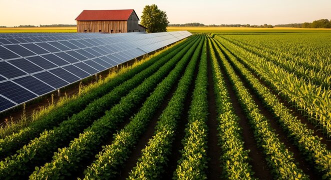 A vast solar farm installation adjacent to a lush green agricultural field with a barn in the background under a clear sky.