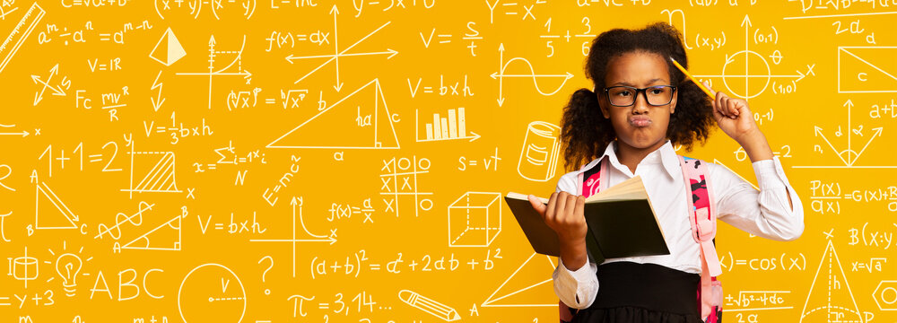 A child stands holding a book in one hand and a pencil in the other. The background features math symbols, formulas, and diagrams. The child appears to be deep in thought about their studies.