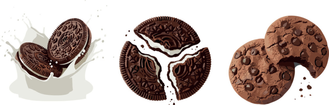 Chocolate cookies with cream filling broken pieces and chocolate chip biscuits vector set