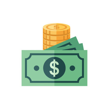 Green dollar bill with coins money.