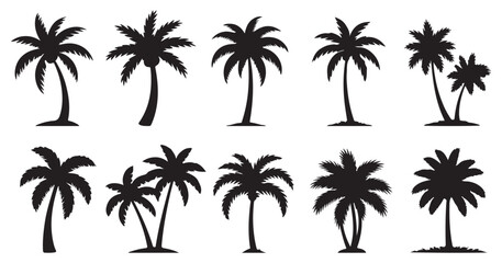 Fototapeta premium Set of exotic palm tree silhouettes, black plant vector icons for nature and travel design. vector illustration eps 10