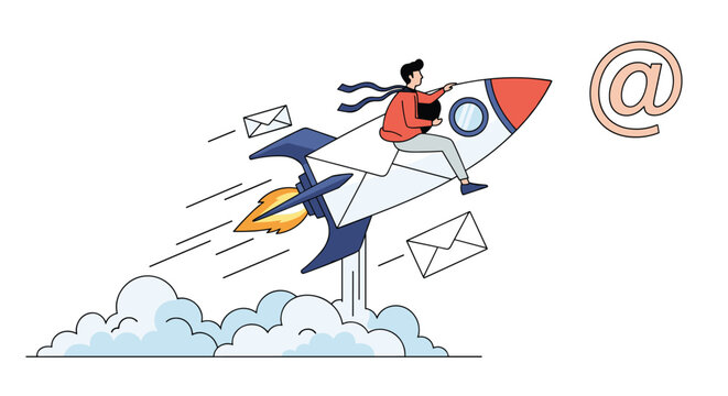 Creative illustration shows a man flying a fast rocket ship designed as a giant envelope towards a large email at symbol in the sky.