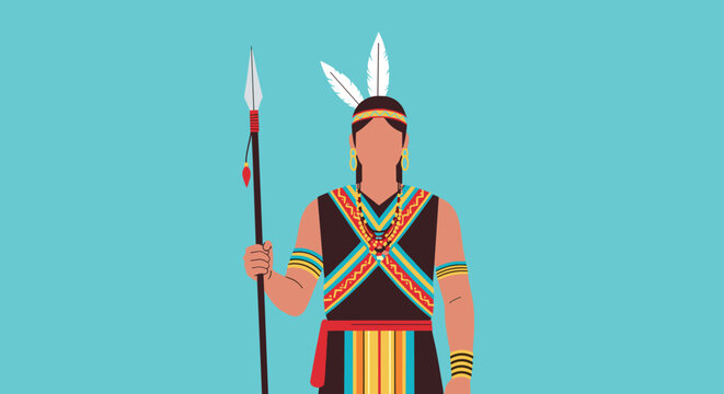 Portrait of an indigenous man wearing colorful traditional clothing and a feathered headband while holding a long spear against a blue background.