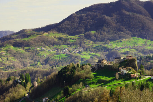 Aerial view of Pizzino, the Alpine village in the municipality of Taleggio.  Val Taleggio, Bergamasque Prealps, Lombardy, Italy