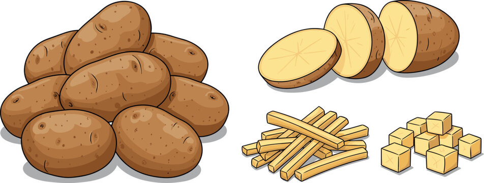 Set of raw potato icons with a pile of whole tubers sliced rounds french fries and cubes isolated on white background vector illustration