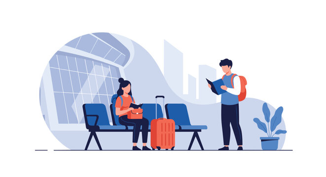 Travelers waiting at a modern airport terminal with luggage while checking maps and documents for their upcoming flight journey.