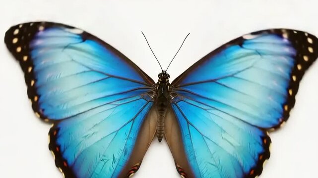 Stunning blue morpho butterfly with vibrant wings isolated on white background.