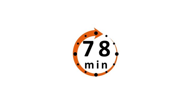 Circular timer displaying seventy eight minutes with an orange arrow and black dots on a white background indicating elapsed time or countdown duration