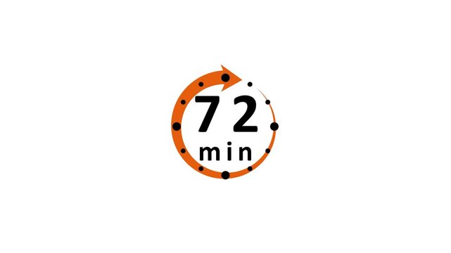 Circular orange arrow with black dots and the number 72 minutes displayed in black text on a white background representing a time limit or countdown timer