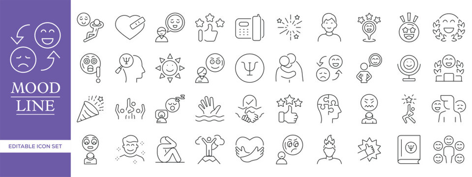 Mood line icon set with editable stroke including happy, sad, angry, calm, stressed and emotional expressions. Clean vector illustration for UI, UX and apps.