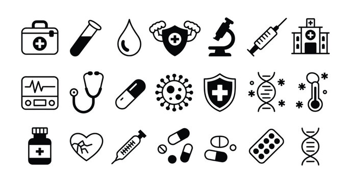 Medical icons set healthcare symbols, representing tools research and hospital services, clinical care and diagnostics concept