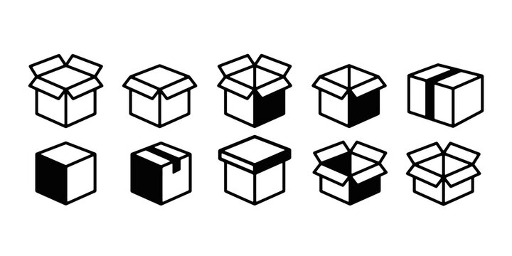 Box line icons. Empty open shipping box or unboxing line art. Carton boxes icon set. Editable stock vector, isolated on transparent background. Vector illustration.