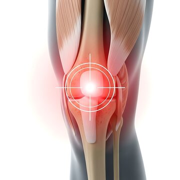 Anatomical illustration of a human knee joint with pain highlighted