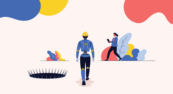 Futuristic construction robot walking towards a dark hole on a worksite while a human supervisor monitors its progress with a tablet.