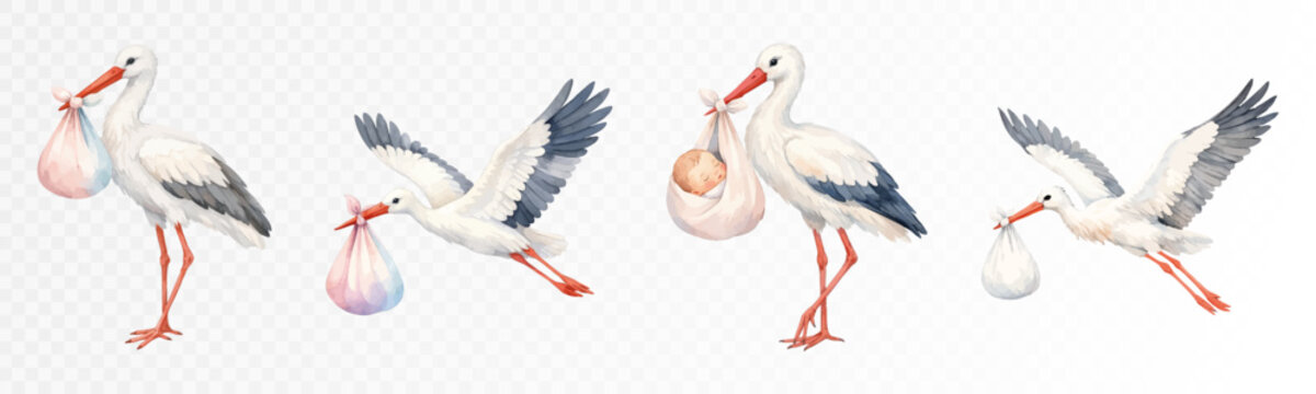 Watercolor stork collection with flying and standing birds carrying baby bundles, sweet nursery illustration set for baby shower, announcements and children&rsquo;s decor. Vector illustration.
