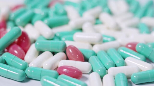 Assortment of green, white, and pink pharmaceutical capsules spins in a seamless loop. This macro footage on white surface visualizes medical treatment, drug manufacturing, and clinical research.