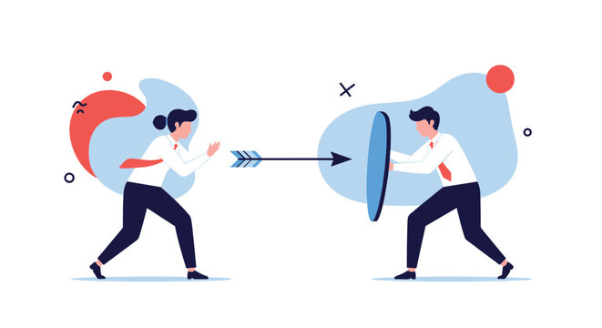 Concept of business competition showing a woman shooting an arrow that is being successfully blocked by a man with a blue shield.