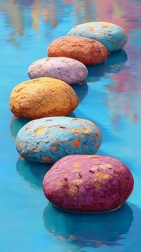 Colorful polished stones in shades of red, orange, yellow, and blue arranged in a pile colorful stones