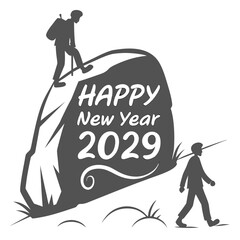 Happy new year 2029 greeting card with two hikers and a large boulder © RUJINA