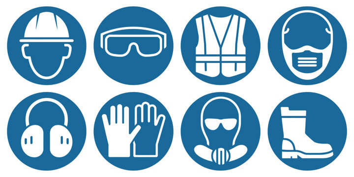 Mandatory sign set, protective workwear icons, safety work equipment and protective clothing symbols, construction safety labels and industrial compliance concept, clean modern vector illustration