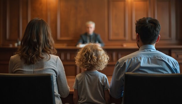 Child sits between parents in courtroom facing judge. Family law and divorce proceedings impact child custody decisions. Legal system challenges family relationships during separation.