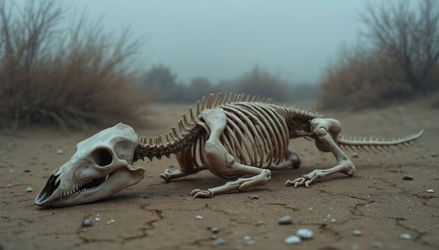 Animal skeleton lies on cracked dry earth. Bleak arid landscape with sparse dry grass under heavy fog. Remains of a creature suggests harsh environment, survival struggle, and inevitable end.