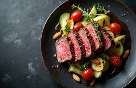Sliced dry aged beef filet steak tataki style tagliata with roasted zucchini, cherry tomatoes and almonds. Savory rare meat dish served on dark plate with rosemary herb.