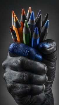 Colorful set of six makeup brushes with black handles and bright bristles in a row pink