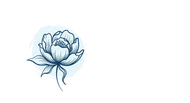 Delicate hand-drawn sketch of a single peony flower in blue ink set against a soft light blue watercolor wash background.