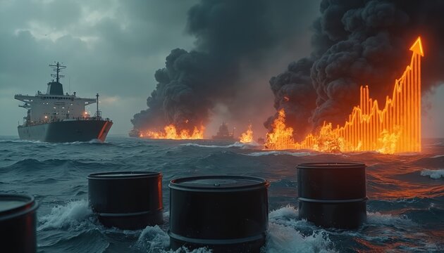 Oil barrels float on sea with burning ships afar. Rising graph signifies price hike in global energy crisis. Dark clouds loom over turbulent waters, signaling supply disruption. Crude oil industry