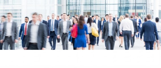 Obraz premium Blurred motion of business people's legs and feet walking fast in a bright modern corporate hallway. Rush hour commute