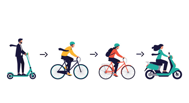 Series of people using various eco friendly transportation modes including electric scooter, bicycle, and moped for city commuting.