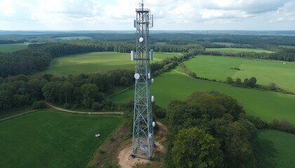 Obraz premium Tall steel tower with antennae rises over green rural landscape. Communication mast provides mobile phone signal in countryside farmland. Wireless network infrastructure extends across hilly terrain.