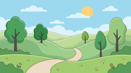 Fototapeta premium A sunny day with trees and flowers on green hills along a winding dirt road pathway