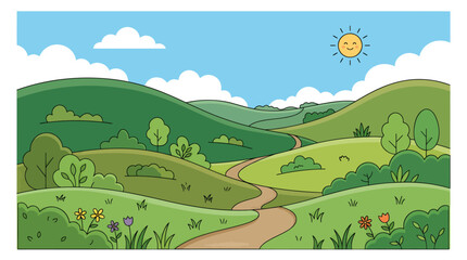 Naklejka premium A serene landscape of rolling hills and a winding road under a sunny sky with fluffy clouds.