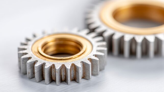 Intricate Close-Up of Two Metallic Gears with Silver Teeth and Golden Inner Rings, Showcasing Precision Engineering and Mechanical Design
