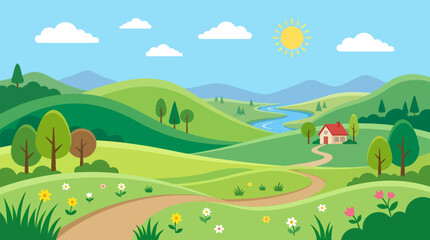 Fototapeta premium A serene landscape scene with a winding road through rolling hills and a house under a sunny sky with clouds.