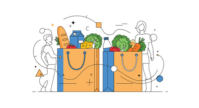 Two paper grocery bags are filled with fresh healthy food items including bread, milk, vegetables, and fruit for a family meal.