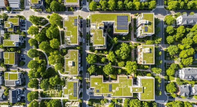 Aerial view of a modern residential area with green roofs and lush trees, showcasing sustainable urban living
